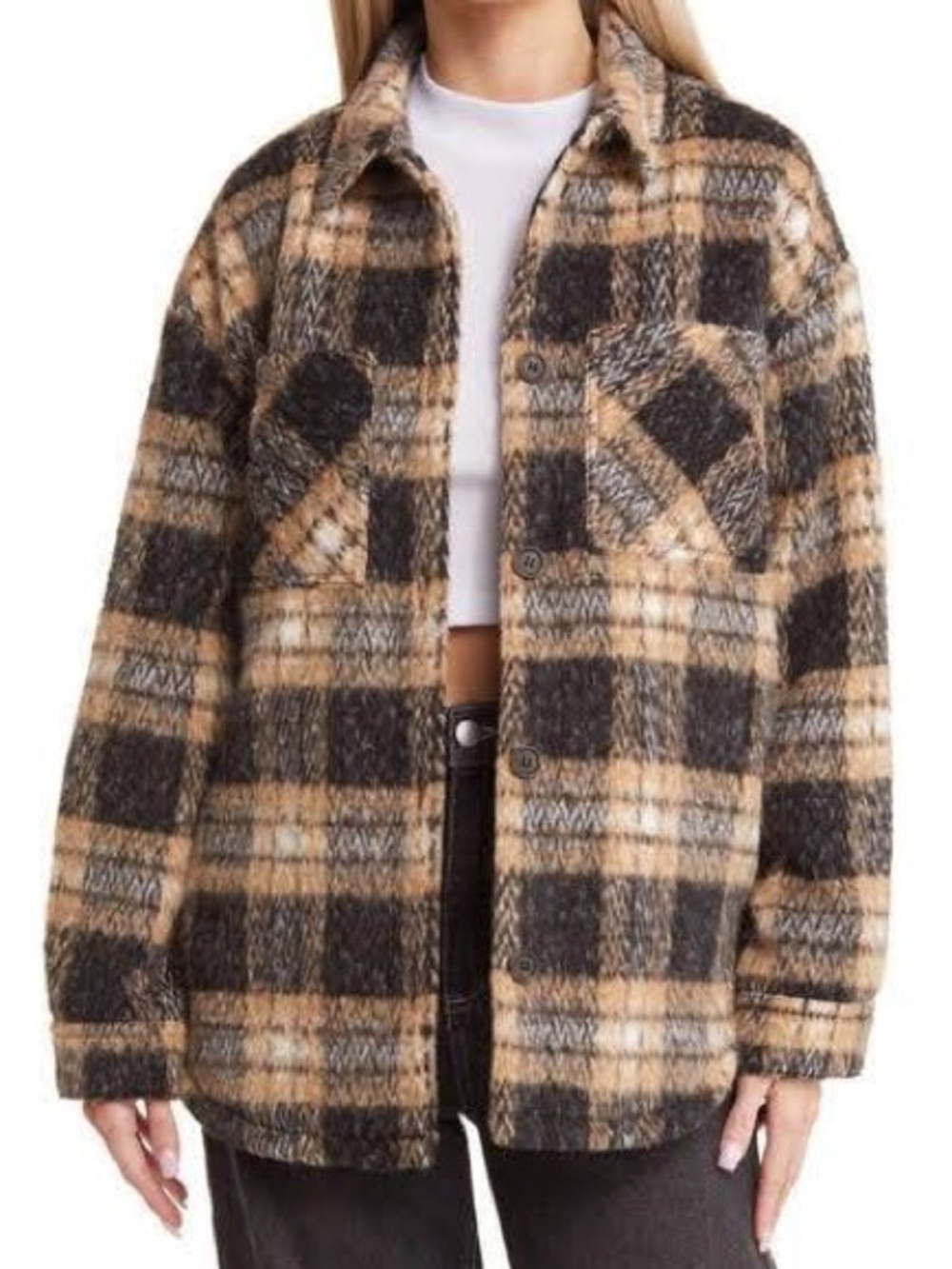 Thread & Supply Plaid Sherpa Shacket Jacket Brown Black XL Button Front